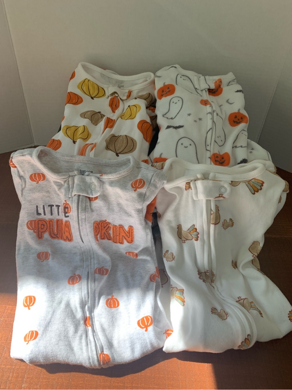 (4) EUC Halloween Thanksgiving Fall Pumpkin Baby 6 month unisex one piece outfit